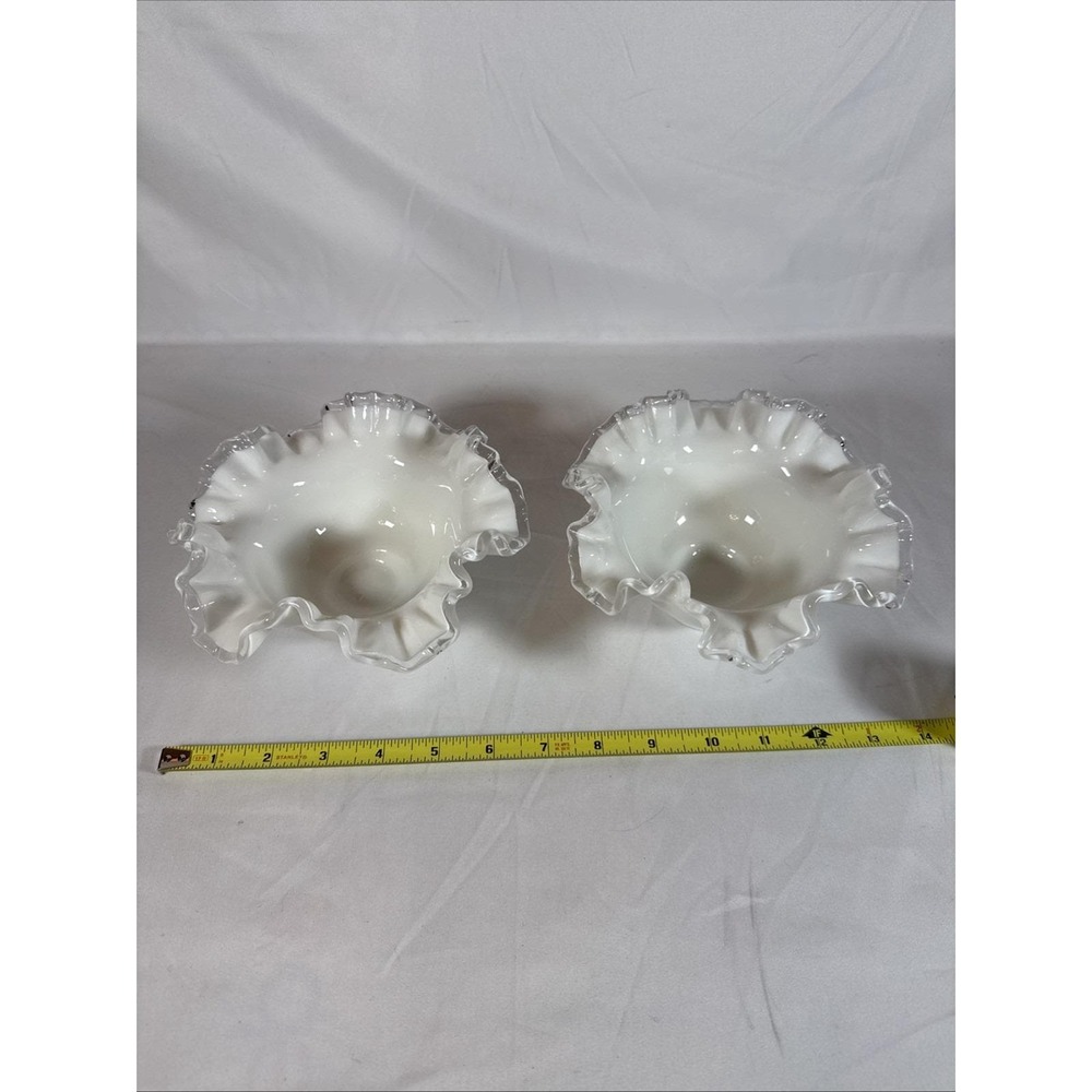 Vintage White Milk Glass Silver Crest Ruffled Edge Bowls Set of 2 6 Inch